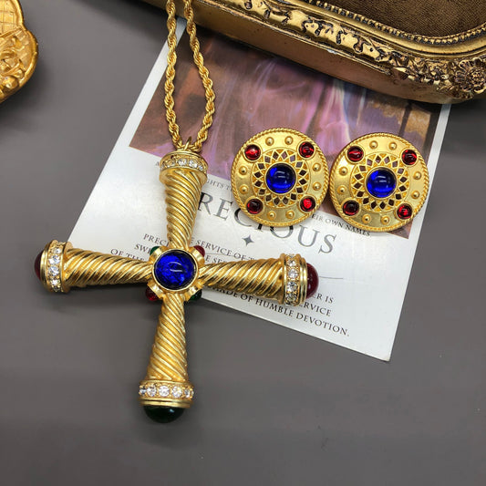 Style Electroplated Real Gold Graceful Fashionable Cross Round Inlaid Jewelry Set