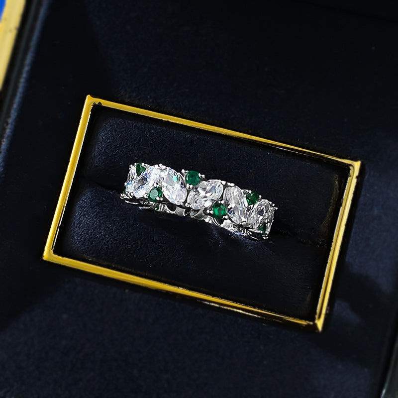 Oval Row Diamond Artificial Green Pointed Rings