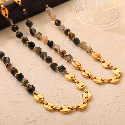 Personality Elegant Natural Stone Beaded Stitching Pig Nose Design Titanium Jewelry Set