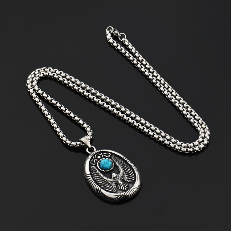 Women's & Men's Green Pine Flying Eagle Disc Hip Hop Titanium Steel Necklaces