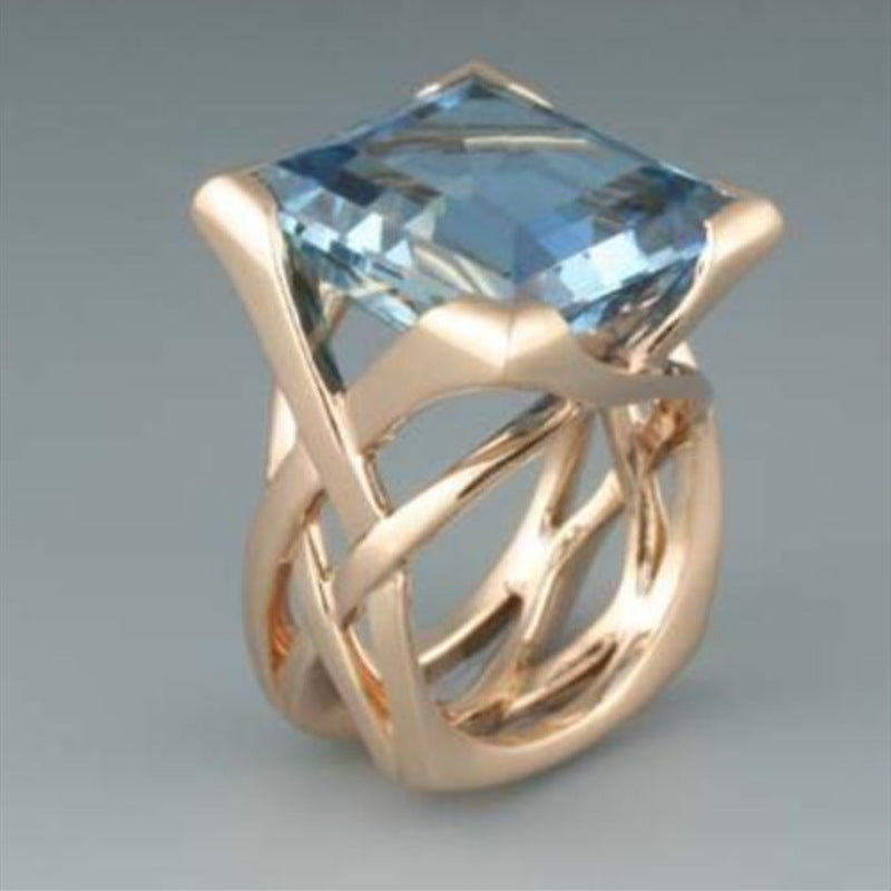 Creative Hollow Gold Inlaid Square Blue Stone Rings