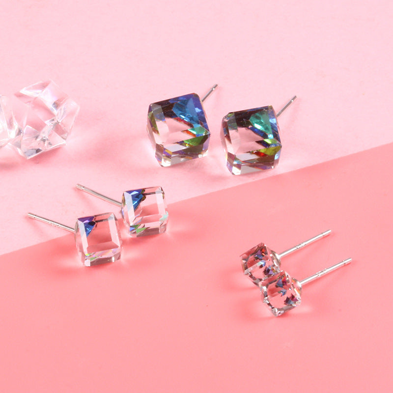 Women's & Men's Austrian Crystal Temperament Square Simple Cube Earrings