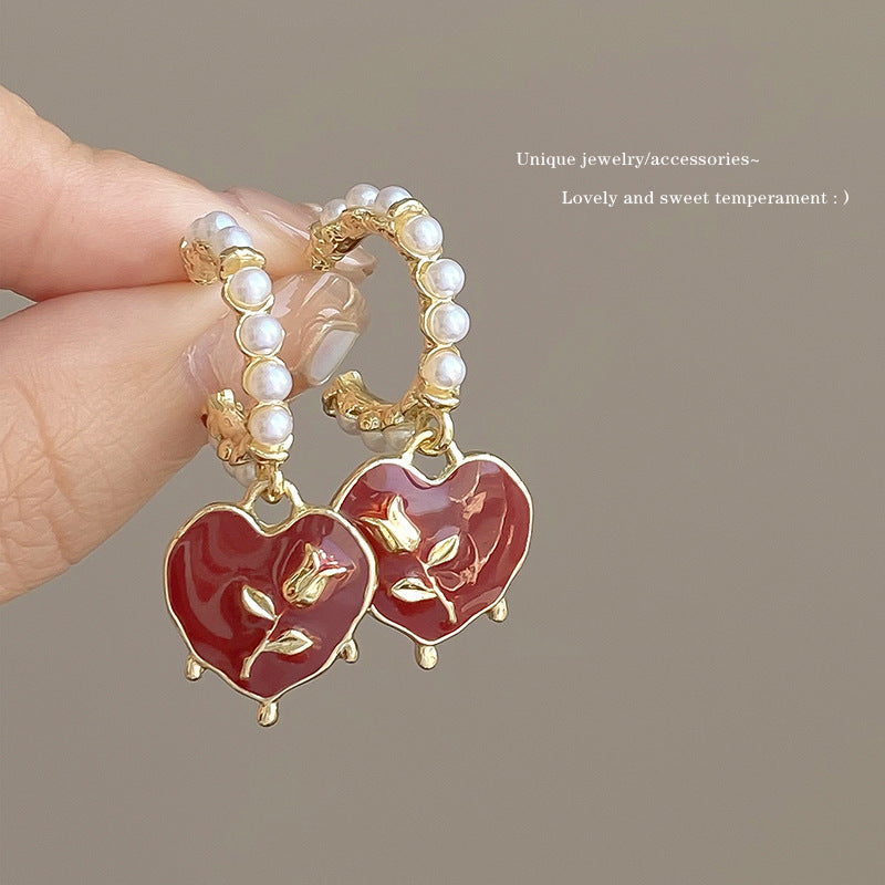 Women's Luxury Red Heart-shaped Ear Elegant Wild Earrings