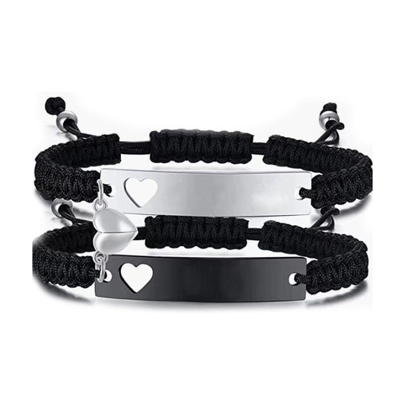 Black White Weaving Rope Woven Heart-shaped Magnetic Bracelets