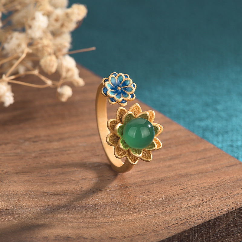 Women's Enamel Craft Lotus Chalcedony Agate Vintage Ring