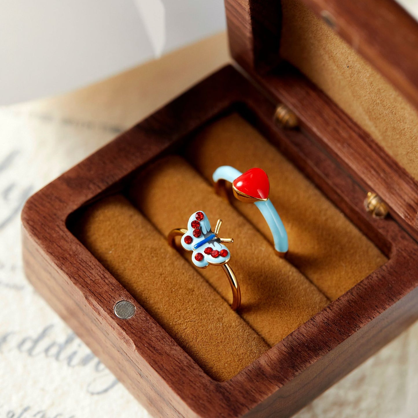 French Retro Blue Red Loving Heart Rings
