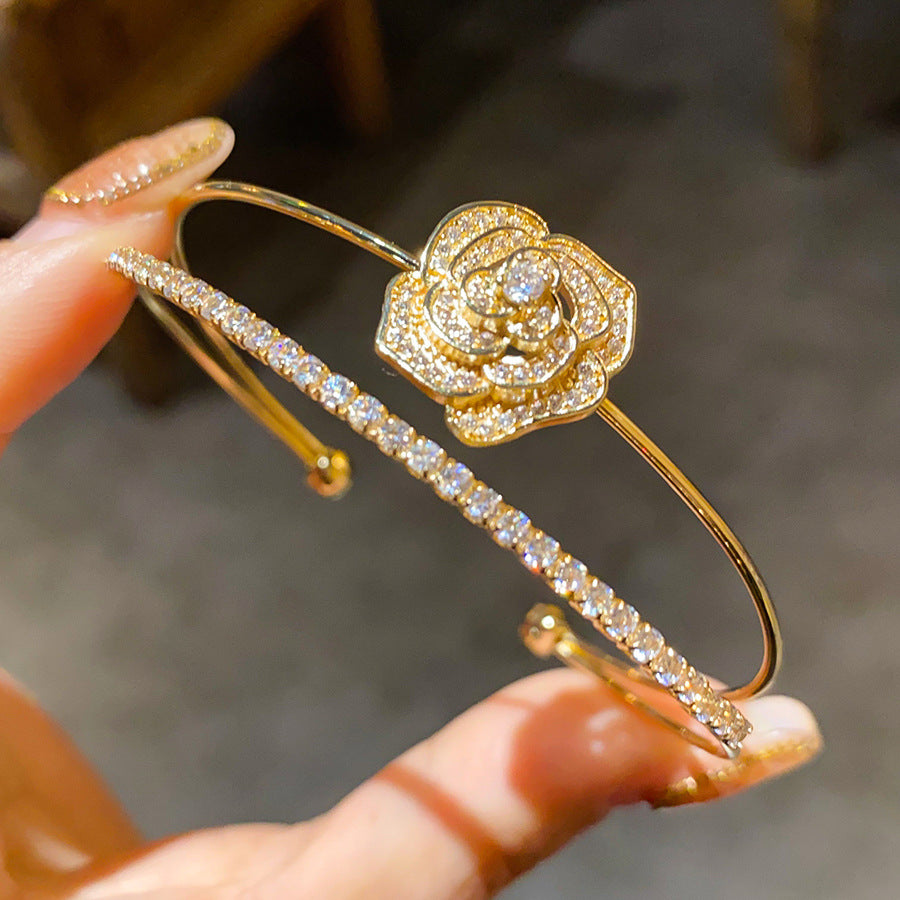 Cold Style Zircon Double Layer Flowers Openings Light Luxury High Bracelets