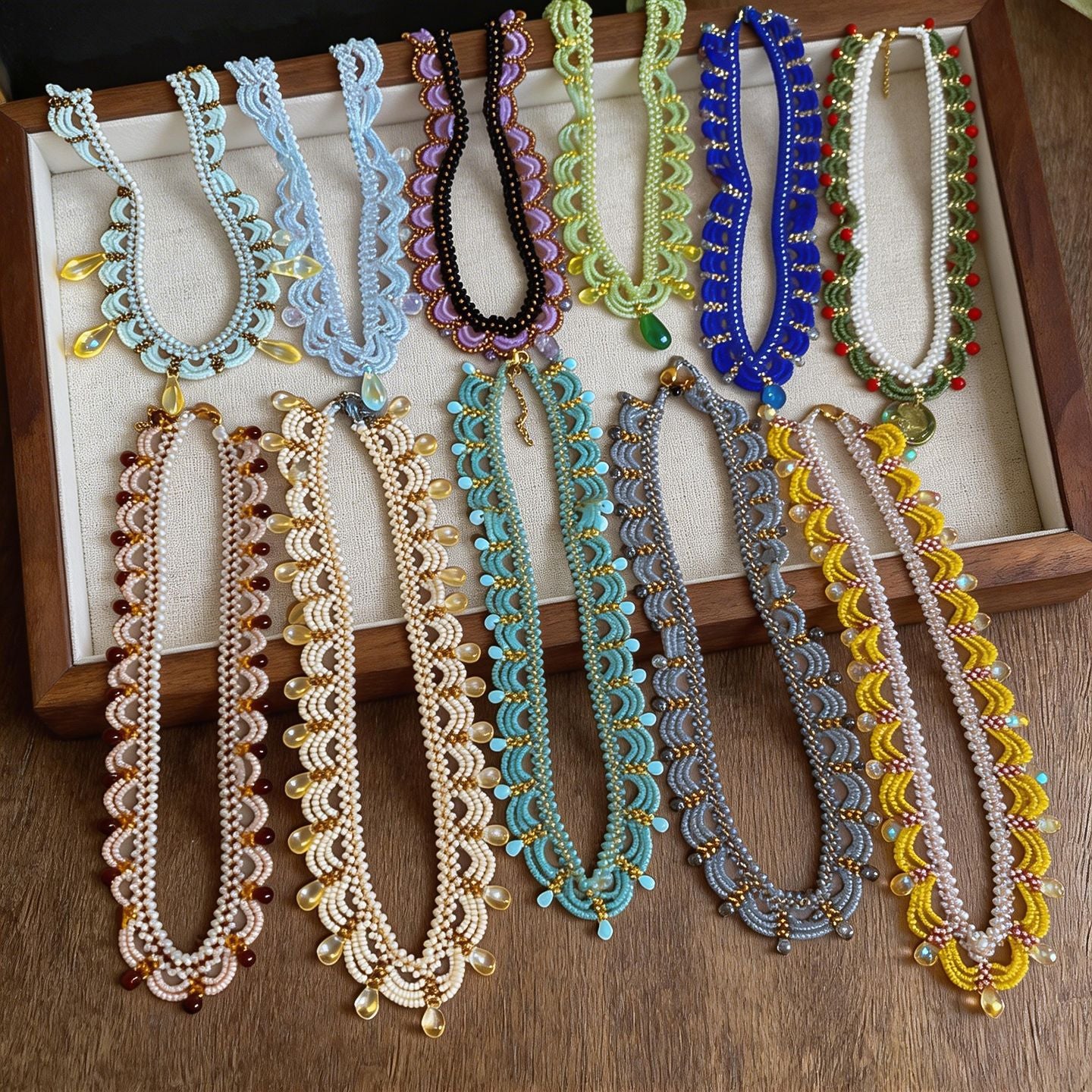 Women's Stainless Steel Glass Beaded Lace Mori Vacation Clavicle Chain Light Necklace