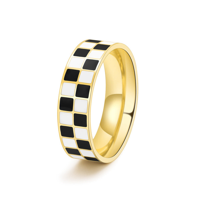 Women's Titanium Steel Epoxy Black White Chessboard Plaid Niche Rings