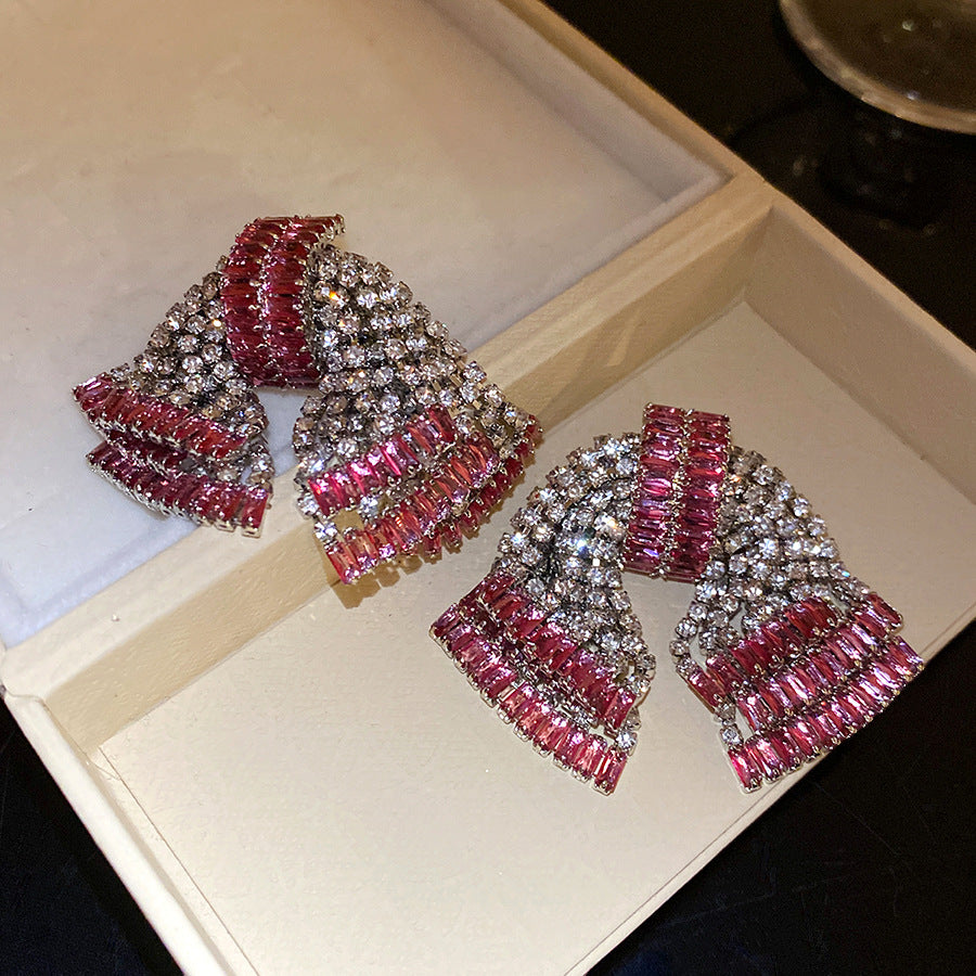 Exaggerated Sier Zircon Bow Fashion Delicate Light Luxury Earrings