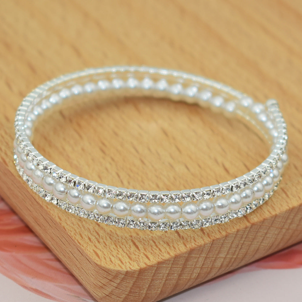 Fashion Shiny Rhinestone Pearl Row Brace Bracelet