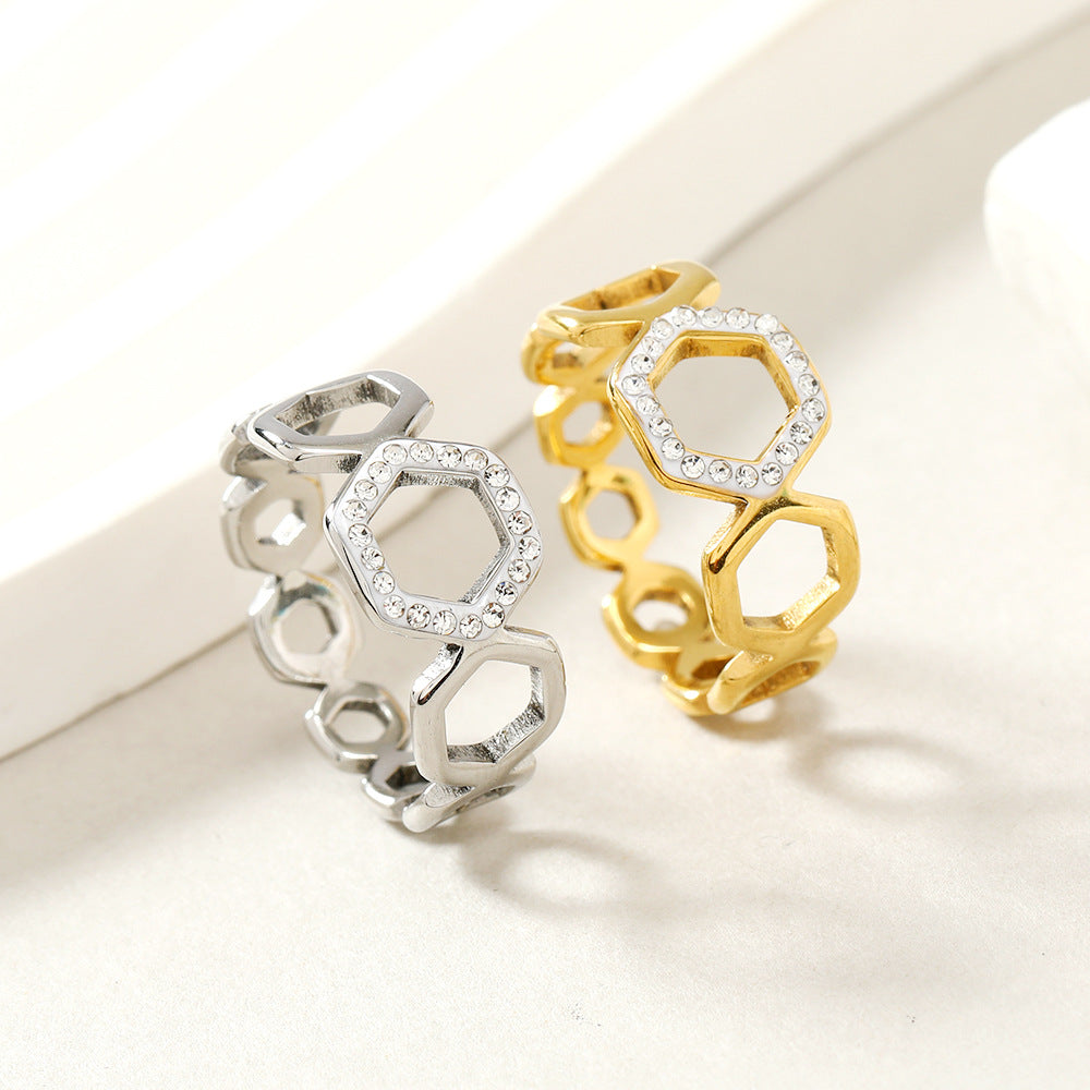 Cutout Honeycomb Affordable Luxury Fashion Titanium Steel Hexagonal Rings