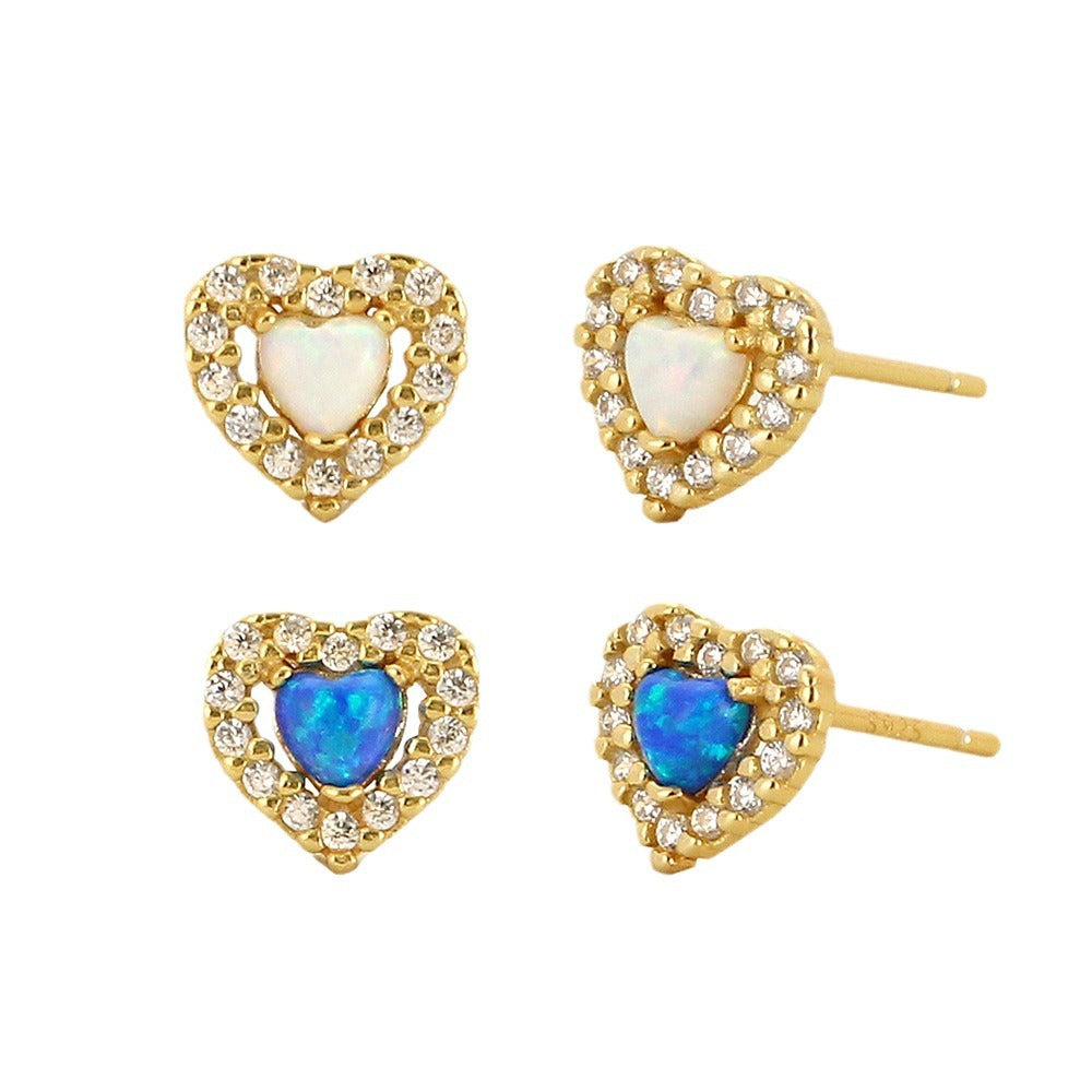 Heart-shaped Sier Synthetic Opal Diamond Peach Earrings