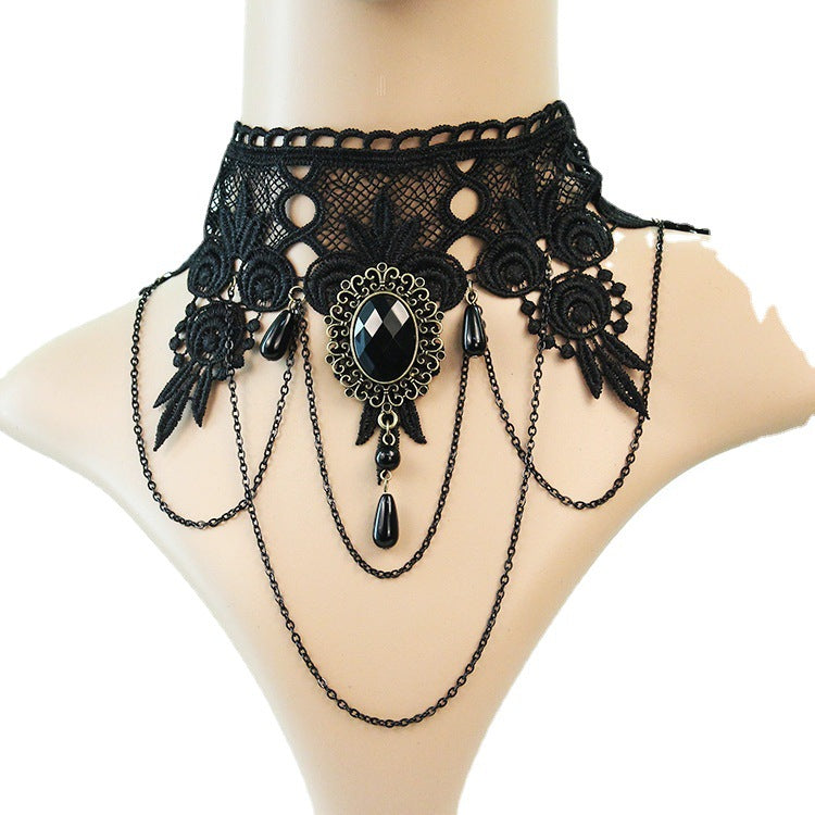 Tassel Pearl Vintage Black Lace Halloween Necklaces