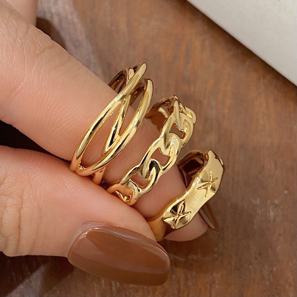 Gold Geometric Three-piece Female Versatile Chain Everyday Style Ring