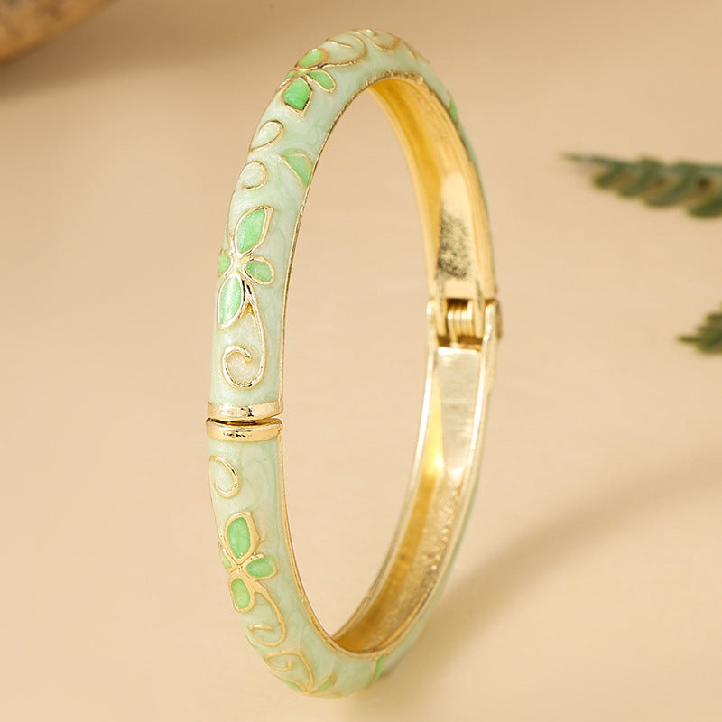 Sweet Cloisonne Spring Open-ended Vintage Round Clover Oil Dripping Bracelet
