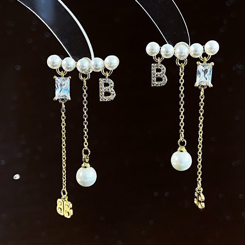 Women's Luxury Letter Tassel Front Rear Pearl Earrings