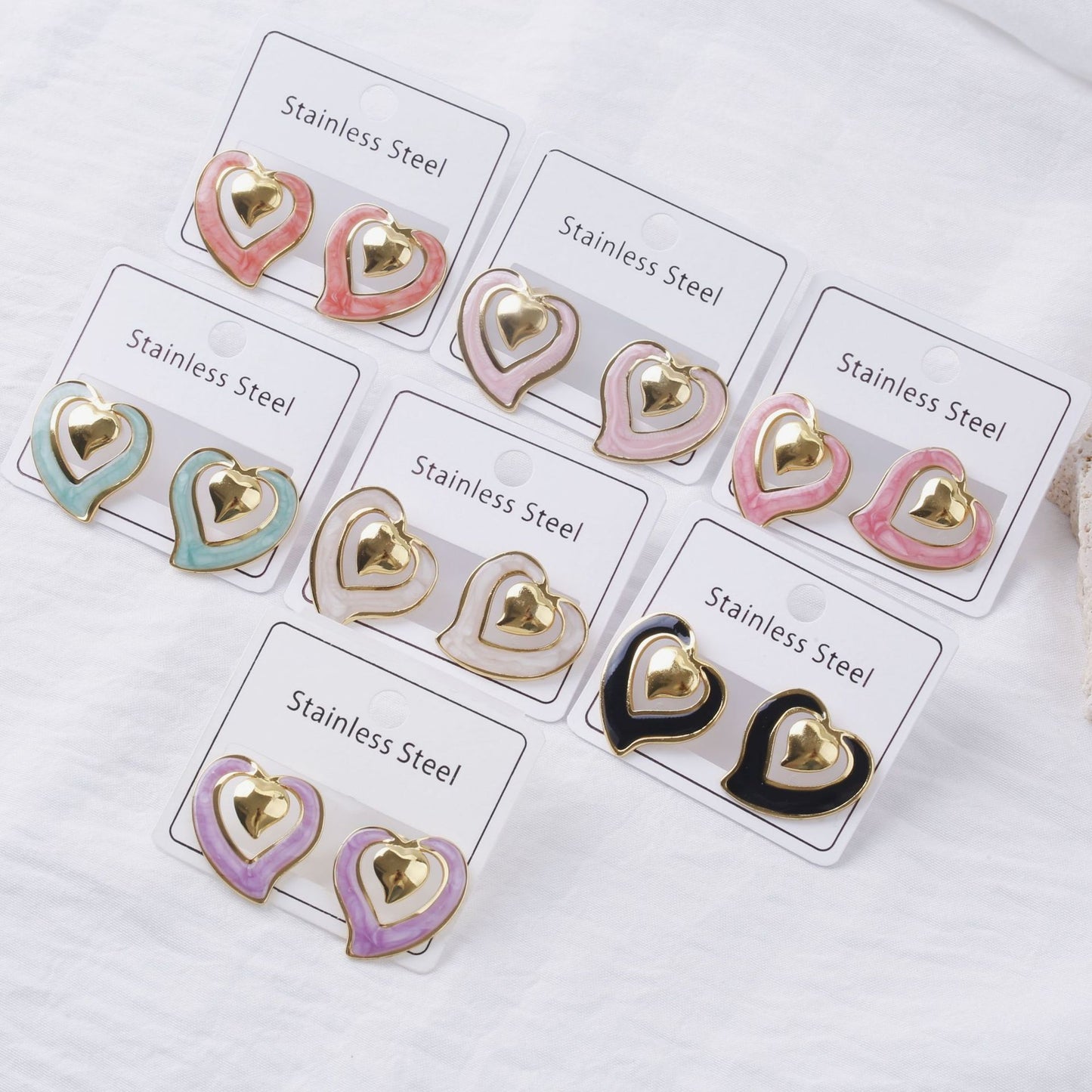 Stainless Steel Color Texture Dripping Oil Love Heart Earrings