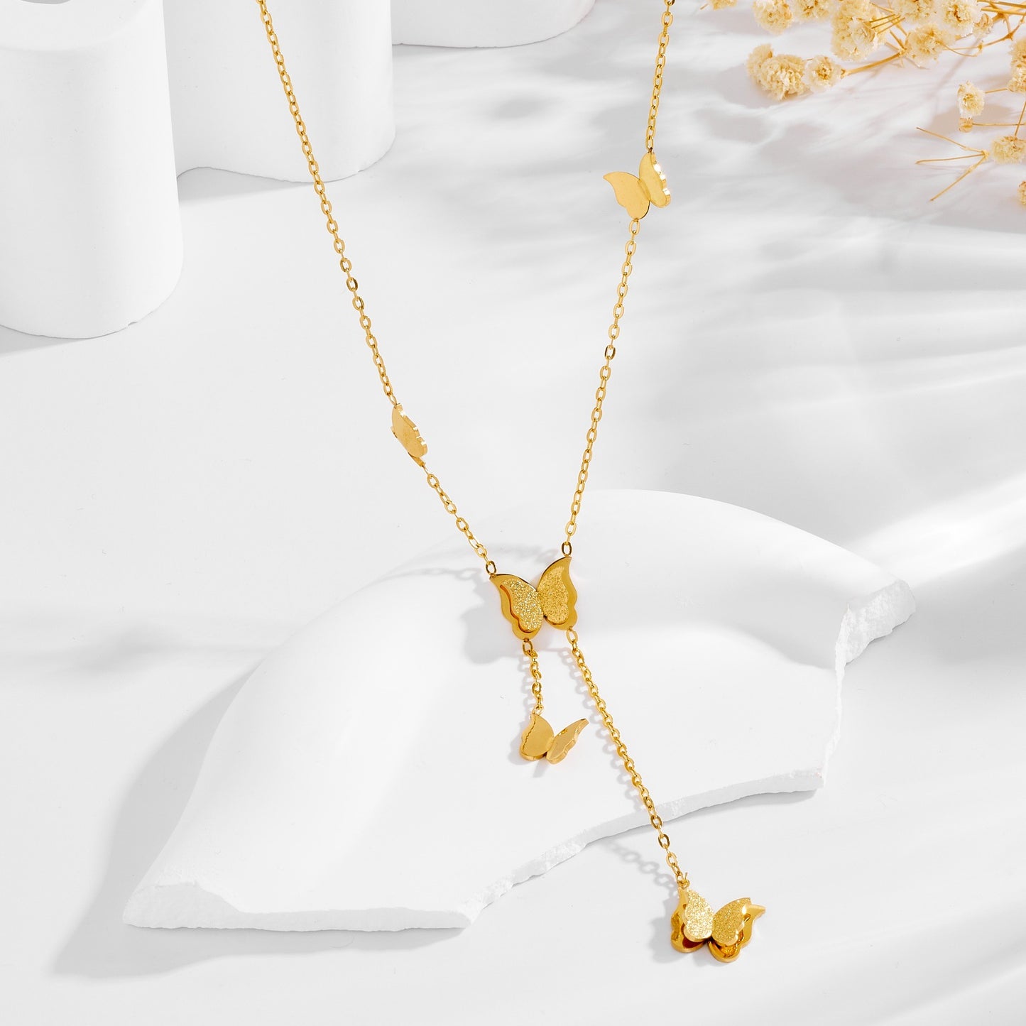 Women's Three-dimensional Five Butterflies Accessory Tassel Chain Stainless Steel Gold-plated Clavicle Necklace