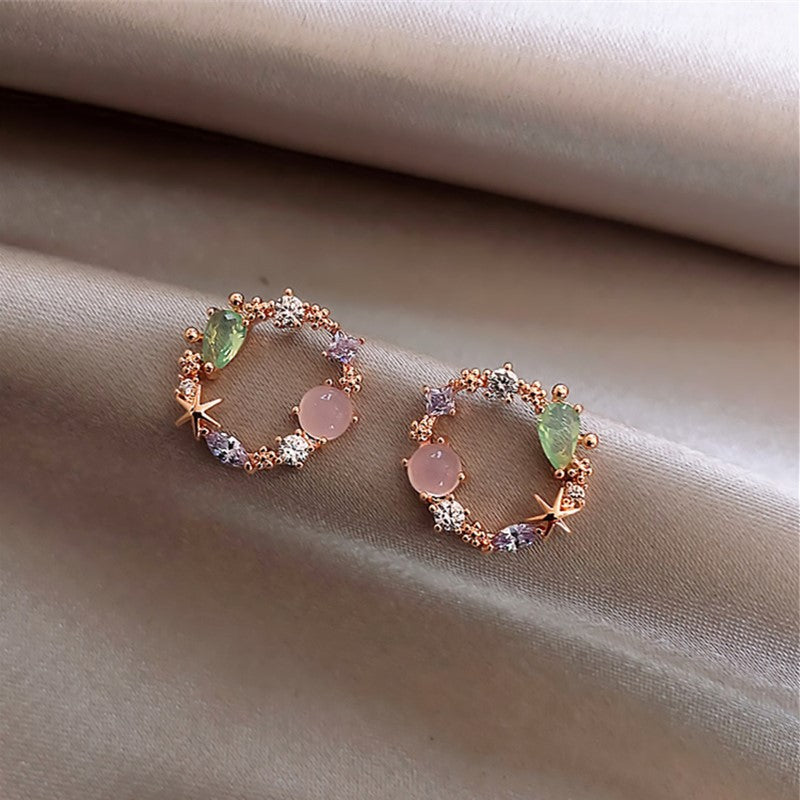 Women's Zircon Flower Fresh Sweet Opal Stone Ear Earrings