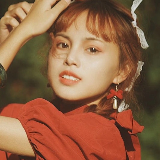 Court Veet Wine Red Bow Water Drop Pearl Girly Rings