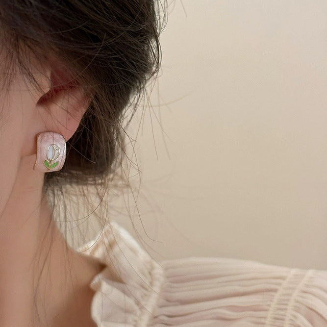 White Pink Tulip Flower Metal Dripping Earrings