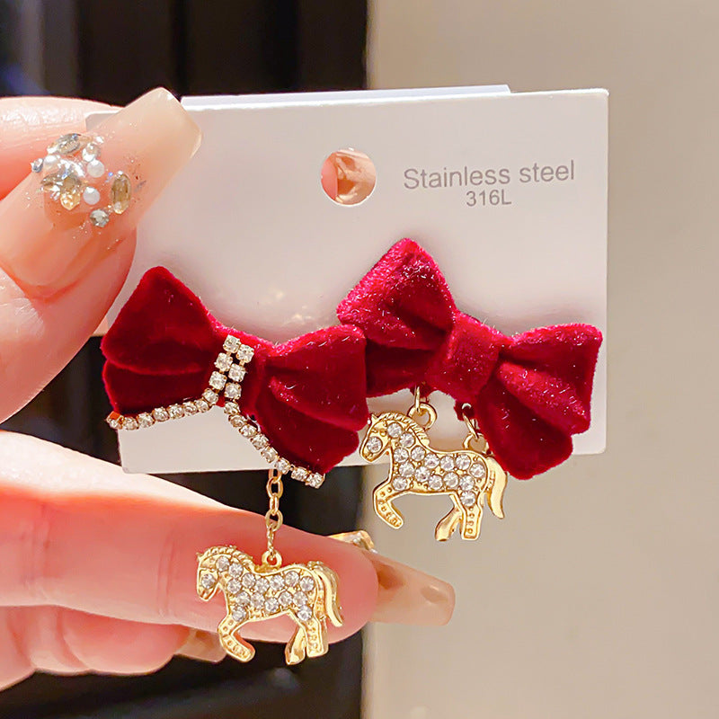 Women's Sier Needle Zircon Life Red Pony Light Luxury Earrings
