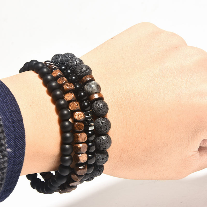 Men's Rock Wooden Bead Hematite Beaded Polished Bracelets