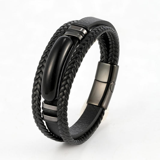Men's Woven Leather Tigereye Obsidian Stitching Simple Bracelets