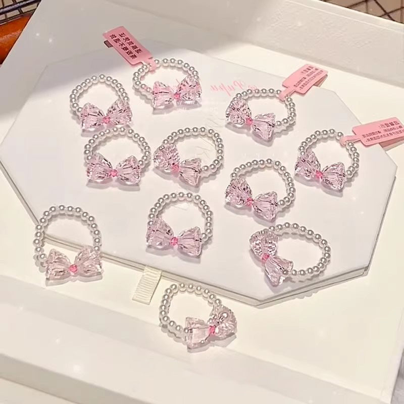 Stringed Pearls Pink Bow Sweet Cute High Sense Index Ring