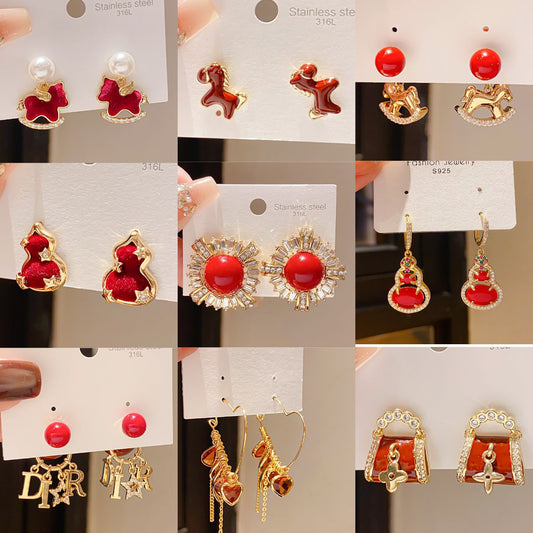 Women's Sier Needle Zircon Life Red Pony Light Luxury Earrings