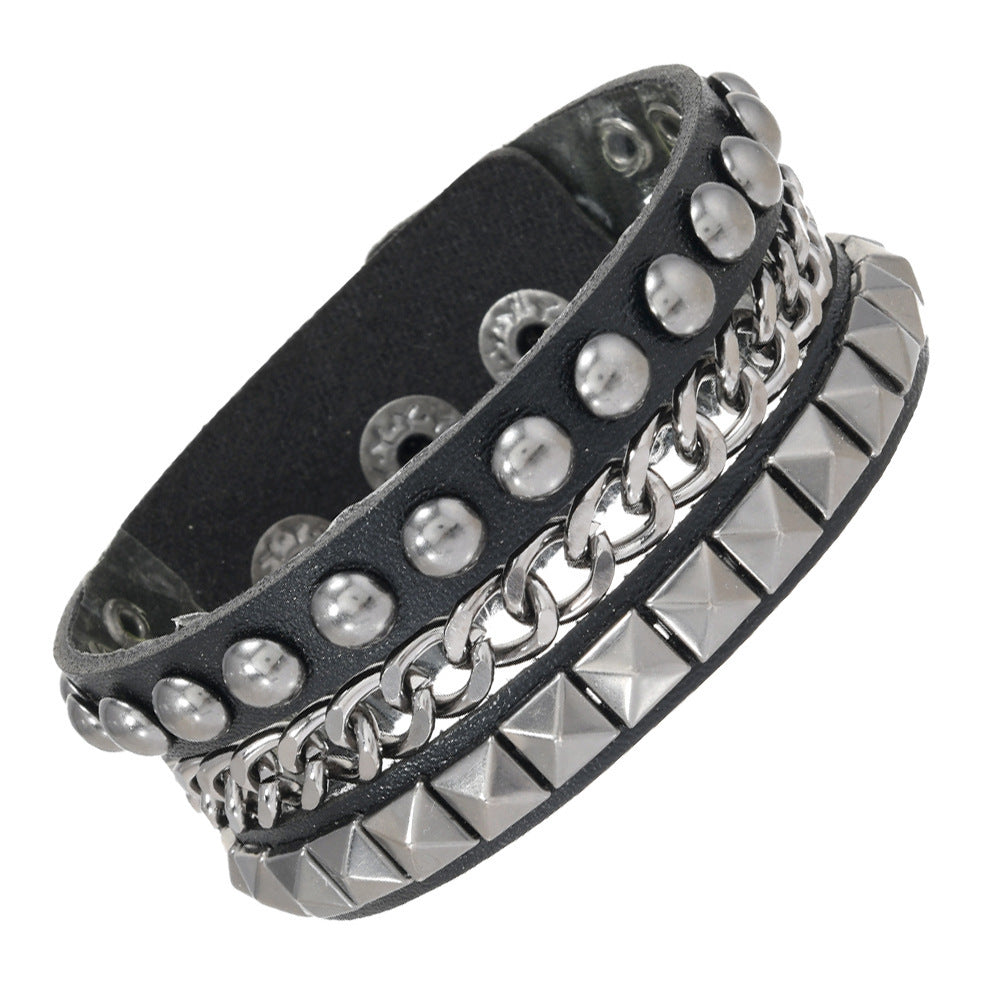 Men's Fashion Width Leather Domineering Personalized Alloy Five-pointed Bracelet