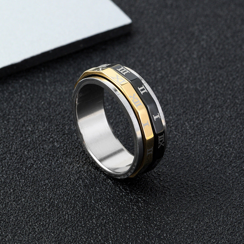 Men's Stainless Steel Simple Two-color Roman Characters Rings