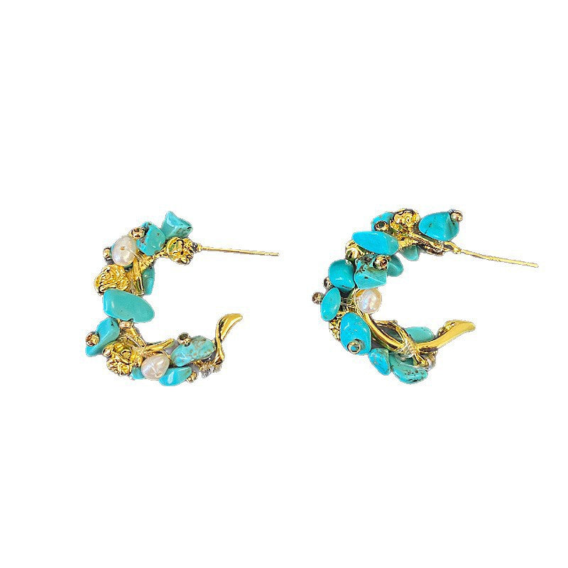 Freshwater Pearl Turquoise Bohemian Ethnic Style Ear Female Irregular Geometric Stud Earrings