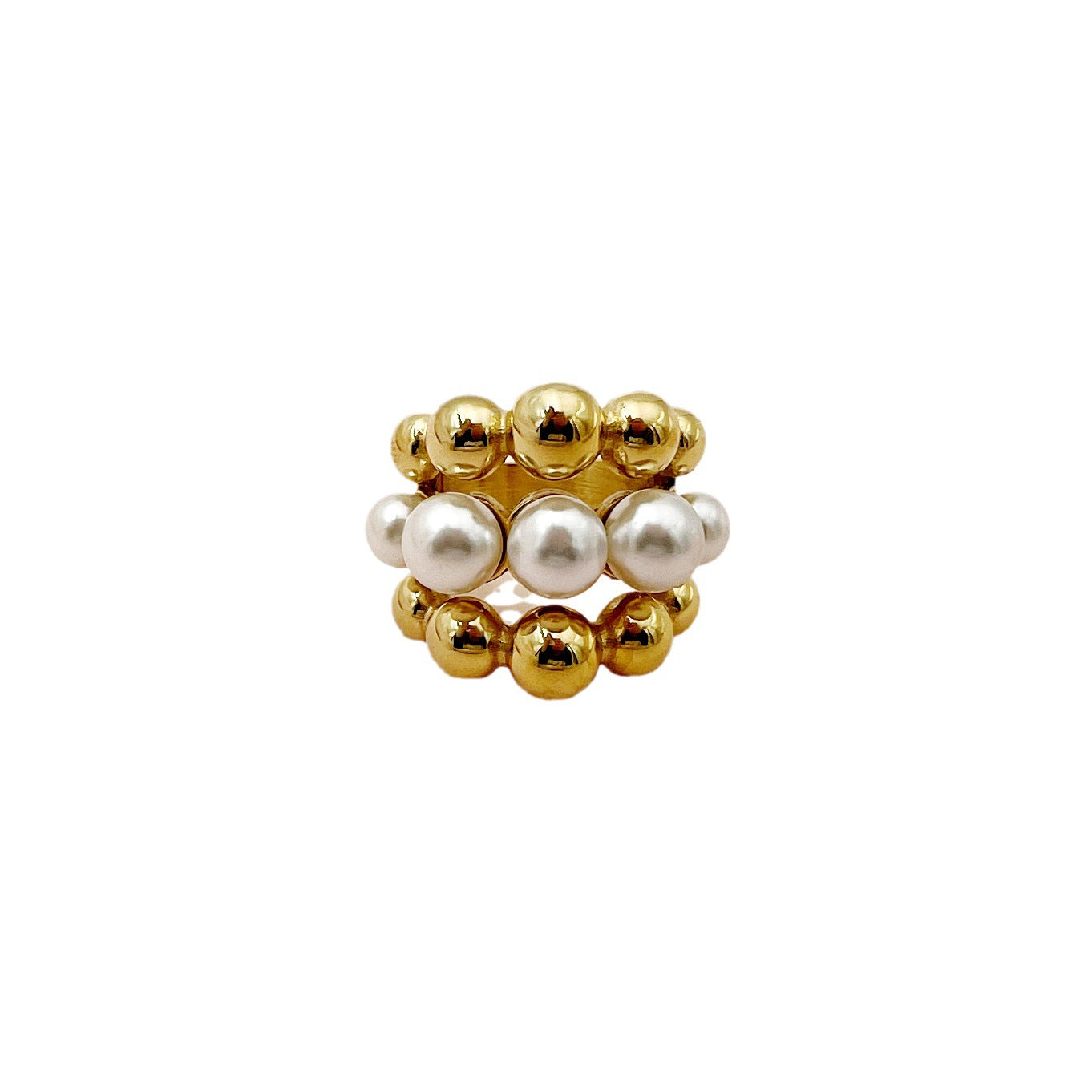 Fashion Natural Pearl Golden Balls Trendy Stainless Rings