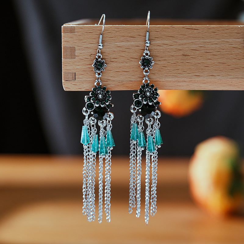 Chinese Style Long Crystal Chain Pattern Earrings