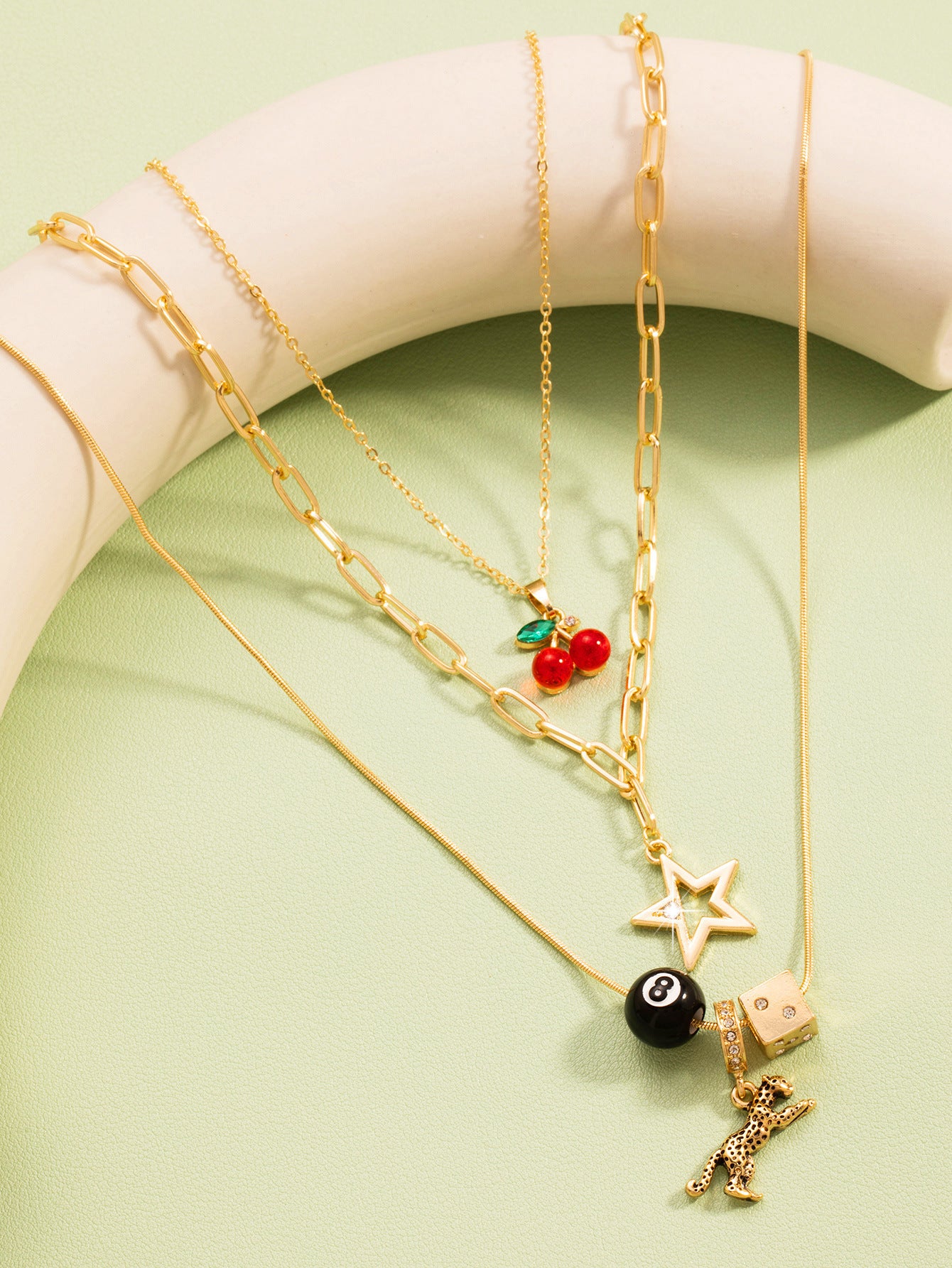 Women's Acrylic Cherry Alloy Leopard Sieve Twin Necklaces