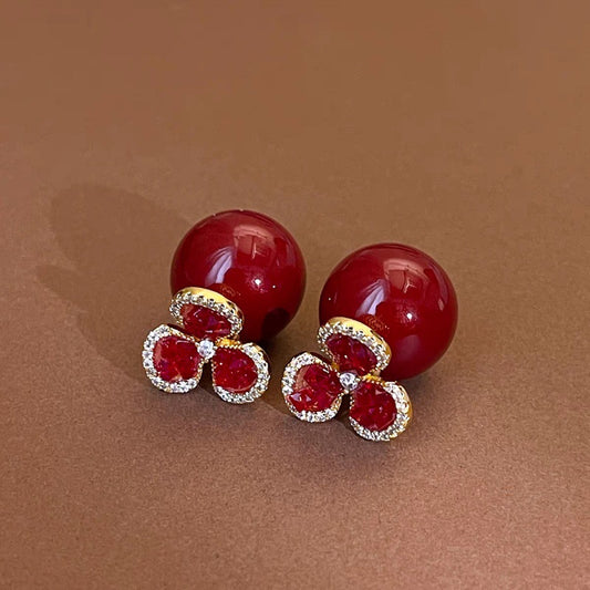 Red Flower Pearl Fashion Zircon Clover Earrings