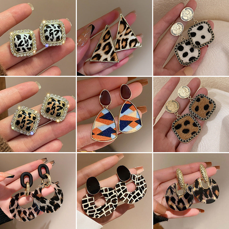 Women's Needle Coffee Color Series Leopard Print Geometric High-grade Temperament Stud Earrings