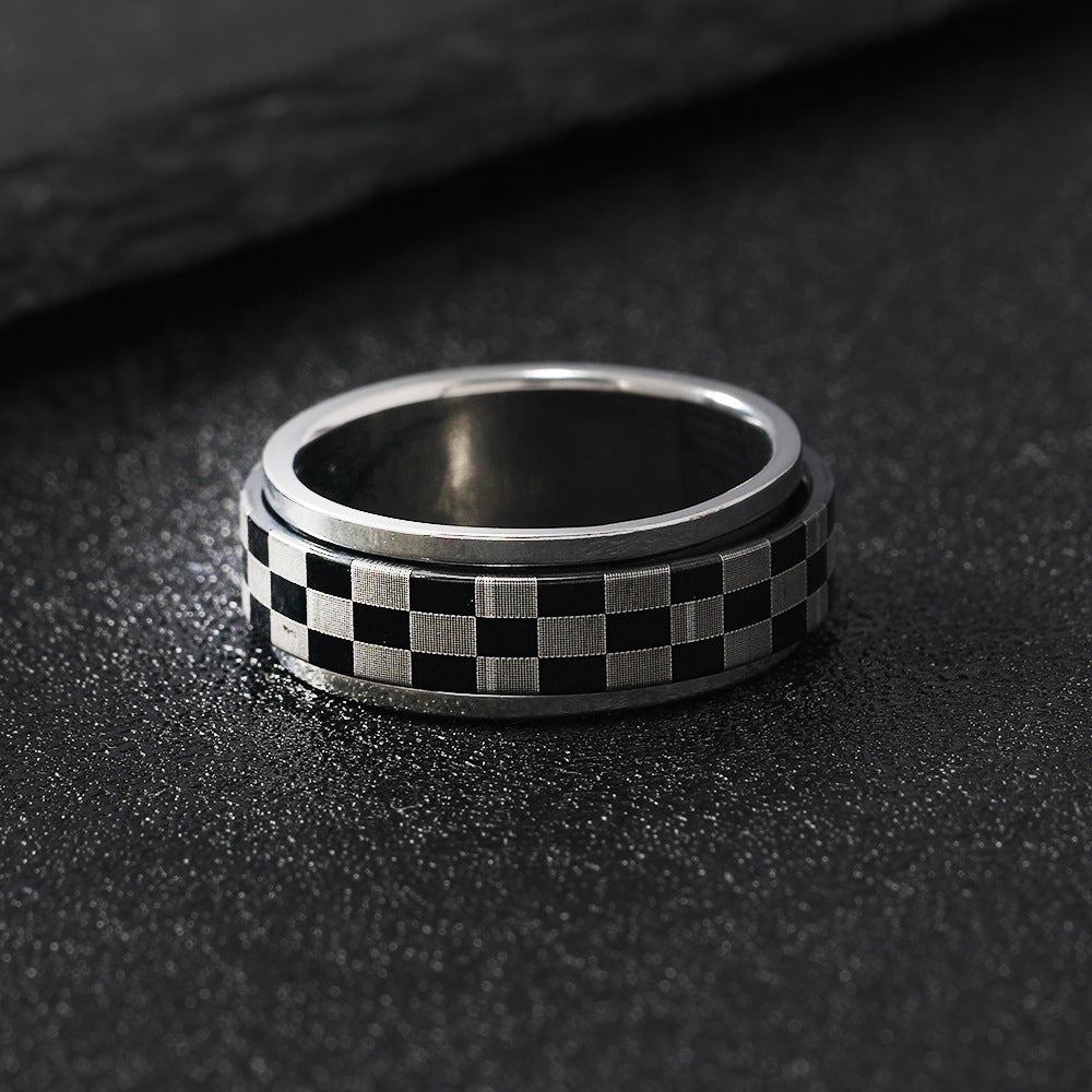 Steel Classic Black White Chessboard Lattice Rings