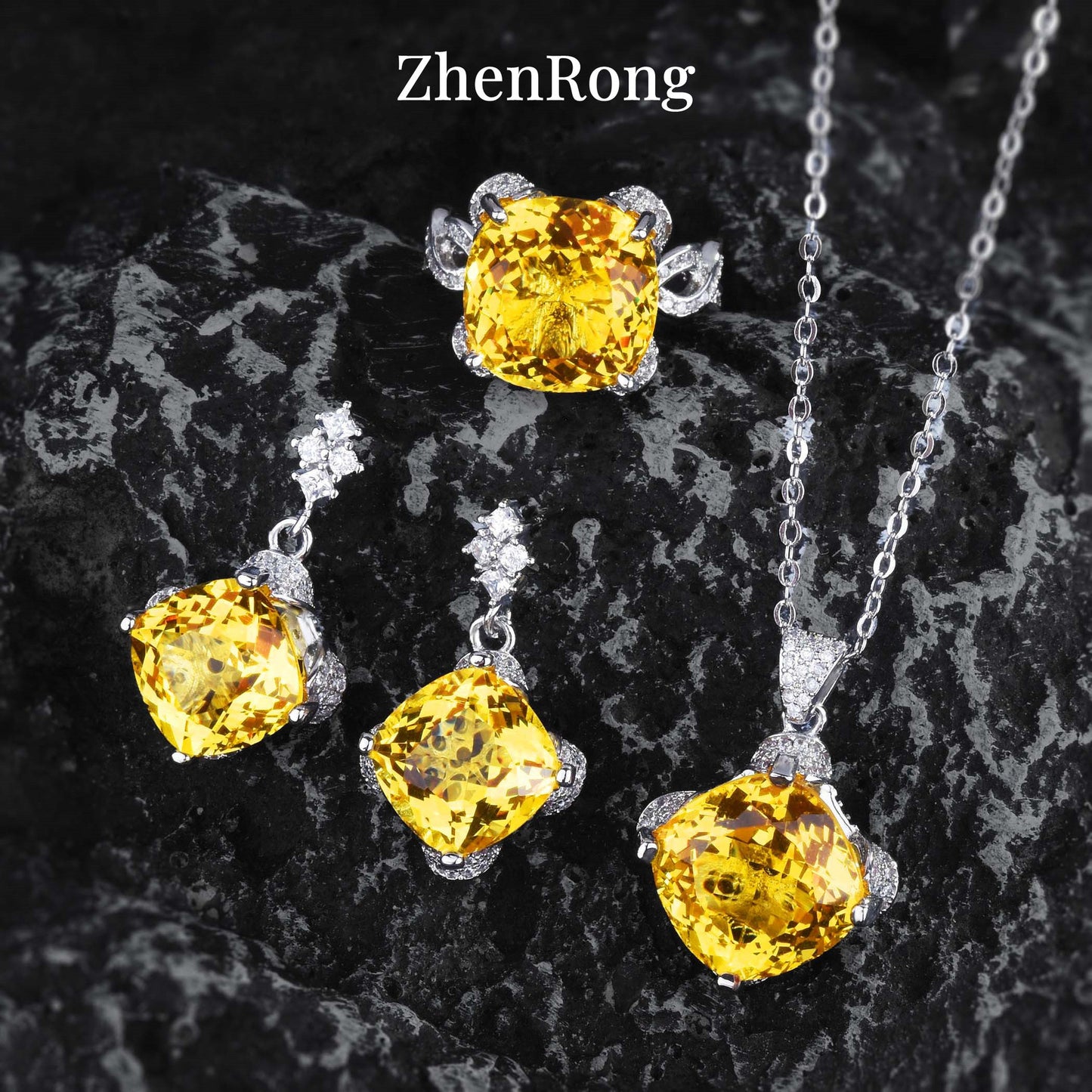 Carat Square Colored Gems Violet Yellow Jewelry Set
