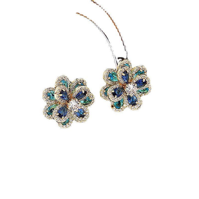 Women's Sier Pin Elegant Color Zircon Flower Earrings