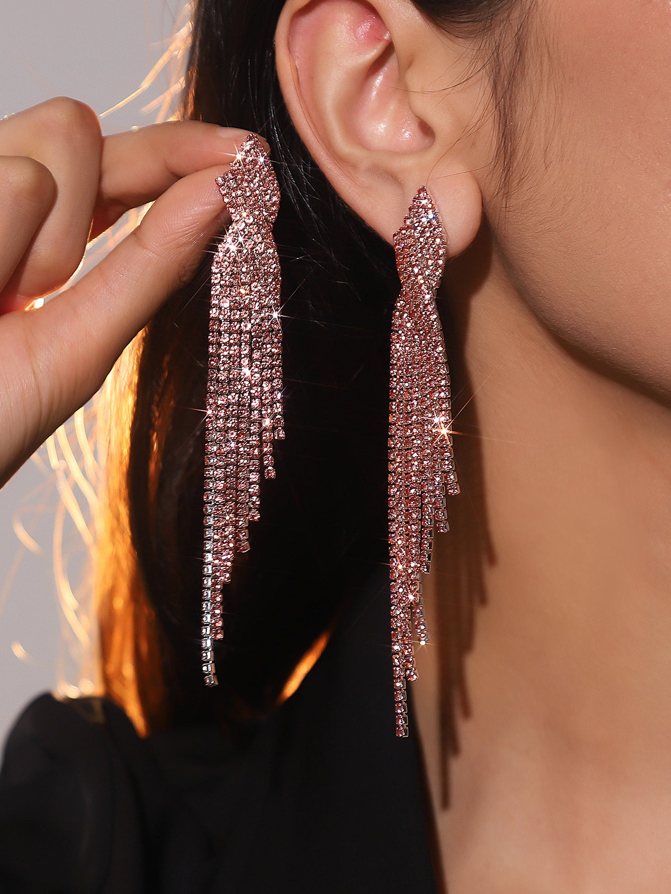 Sparkling Full Rhinestone Long Fringe Female Earrings