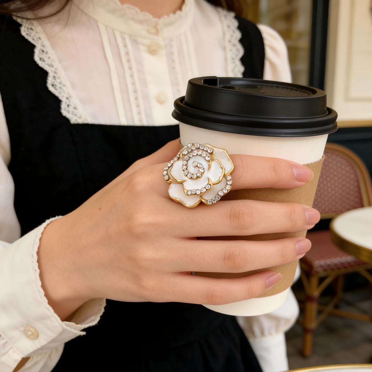 Women's Creative Adjustable Alloy Flower Drop Oil Diamond Rose Ring