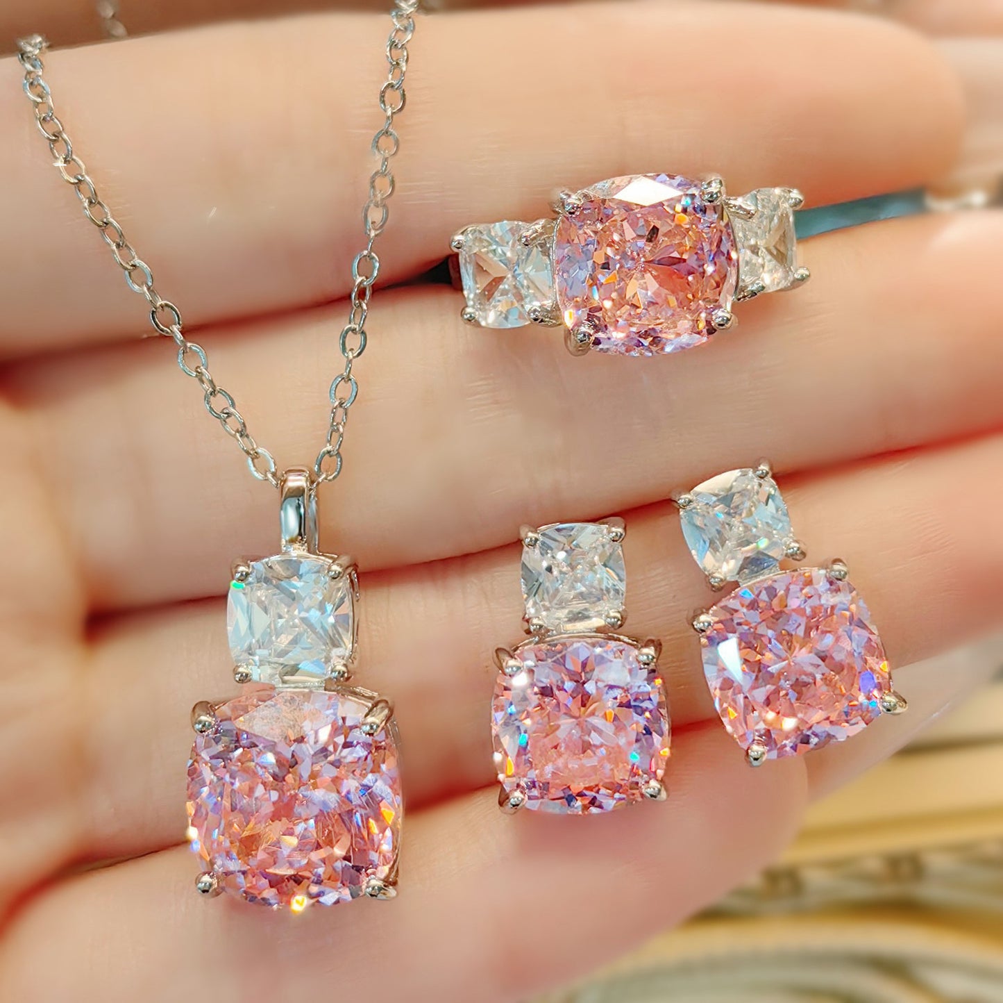 Women's Pink Diamond Ice Flower Cut High Carbon Rhinestone Advanced Luxury Jewelry Set