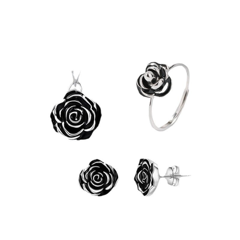 Black Rose Suit Sier Female Valentine Earrings