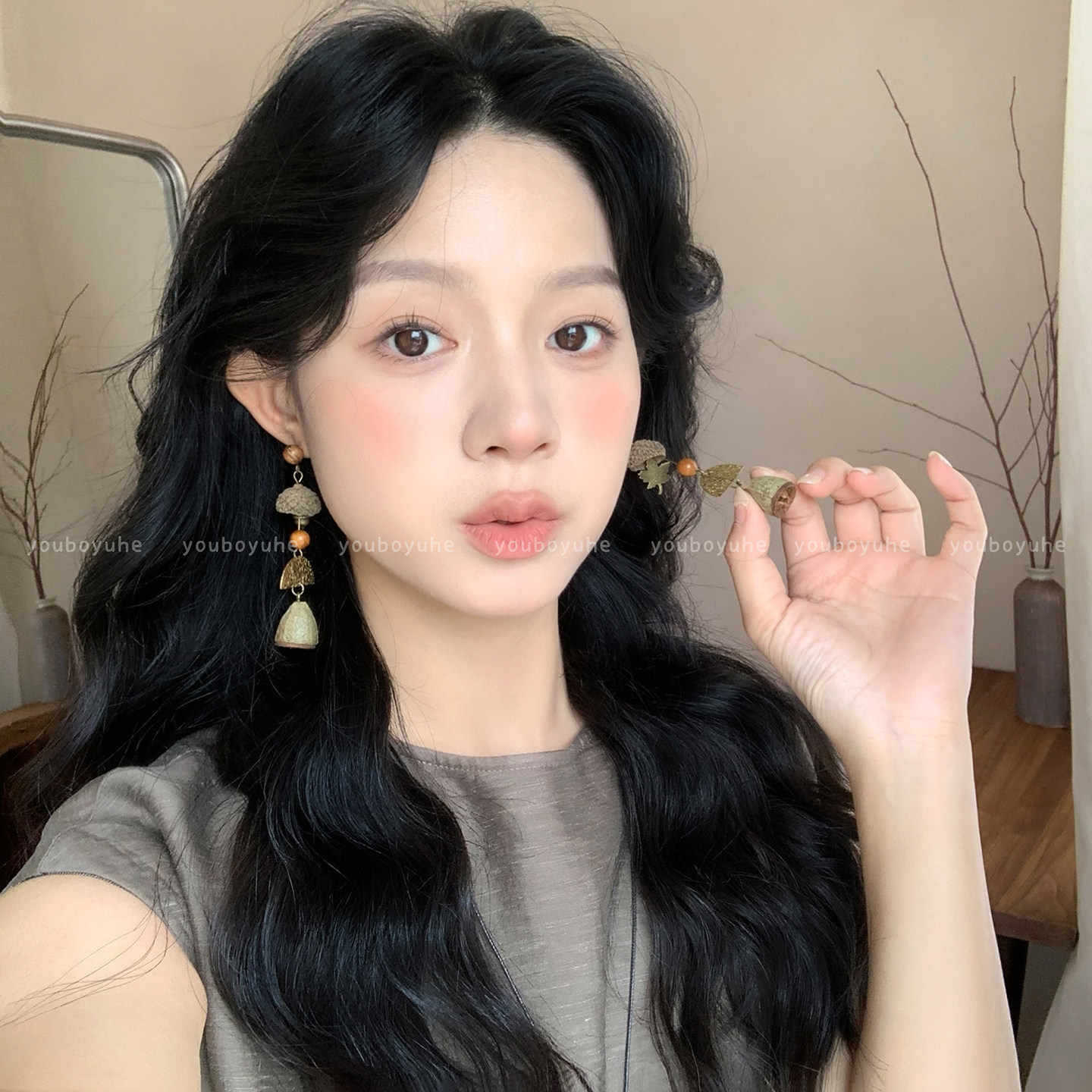 Vintage Mori Style Eucalyptus Fruit Long Design Unique Stud Earrings