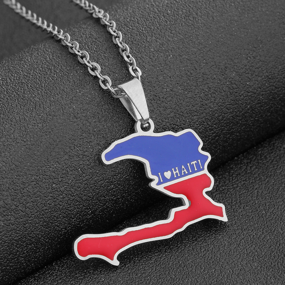 Women's & Men's Fashion Stainless Steel Drop Oil Haitian Map Geometric Necklaces