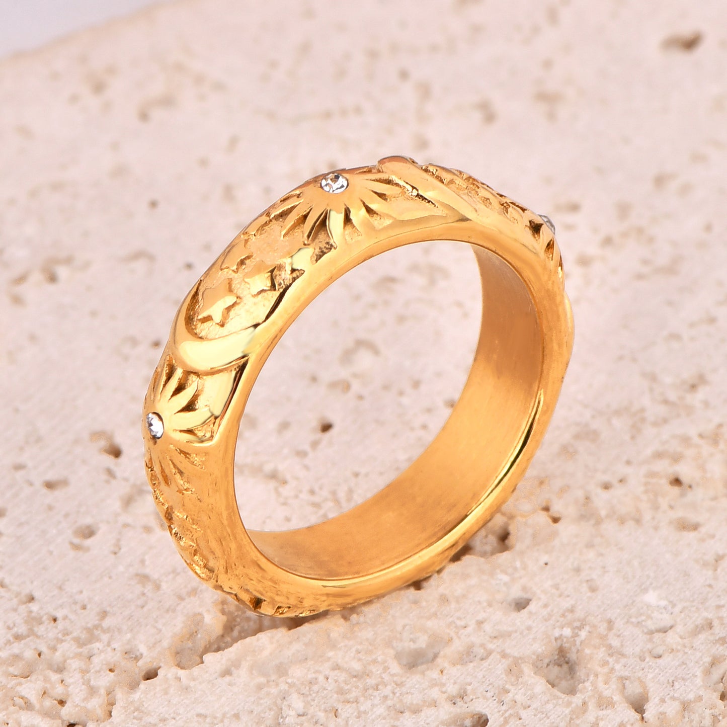 Women's & Men's Style Inlaid Zircon Relief Sun Moon Titanium Steel Gold Rings