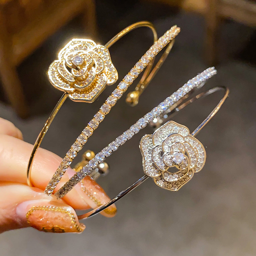 Cold Style Zircon Double Layer Flowers Openings Light Luxury High Bracelets